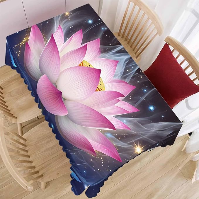 Lotus Rectangle Tablecloth 52x70 Inch Magic Water Lotus Flowers Sparkle Blue Dining Table Cloth Table Cover for Home Kitchen Restaurant Party Buffet Picnic, 4-6 Seats
