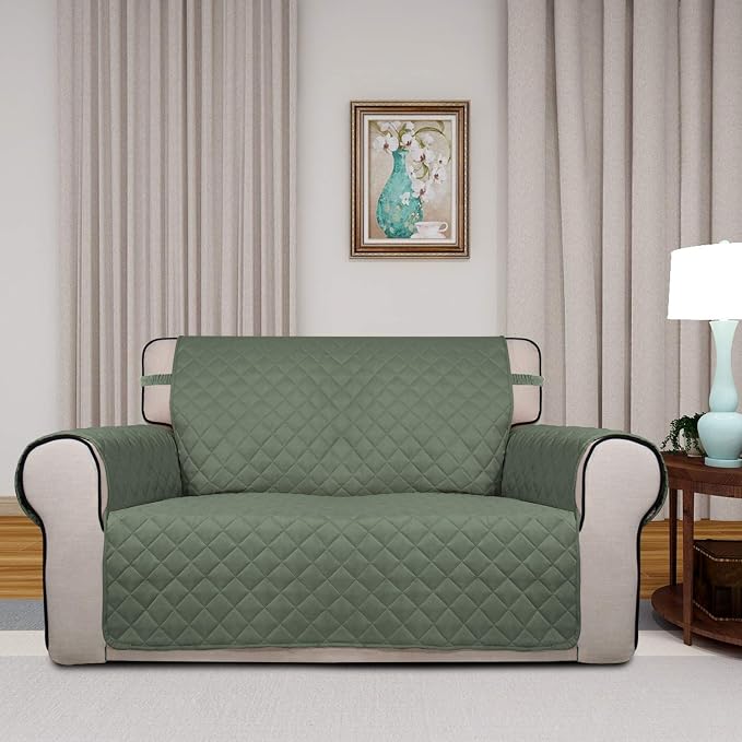 PureFit Reversible Quilted Couch Covers for Dogs Loveseat Sofa Cover 46.5” | Greyish Green/Beige, Water Resistant Couch Protector, Washable Pet Couch Cover with Non Slip and Elastic Straps For Kids