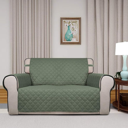PureFit Reversible Quilted Couch Covers for Dogs Loveseat Sofa Cover 46.5” | Greyish Green/Beige, Water Resistant Couch Protector, Washable Pet Couch Cover with Non Slip and Elastic Straps For Kids