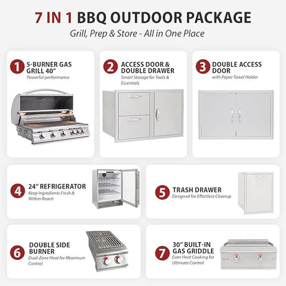 BLAZE BBQ Outdoor Grill Package 2 of 40” LTE Built-in Natural Gas Grill, LTE Gas Griddle, Gas Power Burner, 32” Door & Two Drawers Combo, Double Access Door, Refrigerator, and Accessories