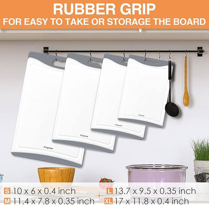 Extra Large Cutting Boards, Plastic Cutting Boards for Kitchen (Set of 4) Cutting Board Set Dishwasher Safe Chopping Board with Juice Grooves Easy-Grip Handles, Grey, Empune