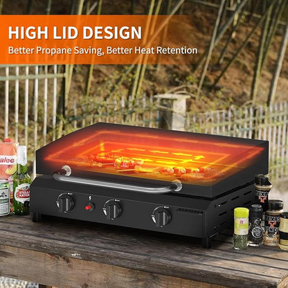 SKOK 23.3 Inch Flat Top Grill, Gas Griddle with Hood, Portable Tabletop Propane Gas Griddle Grill for Camping, Outdoor & Tailgating Barbecue, 45,000 BTU Output, 3 Burners