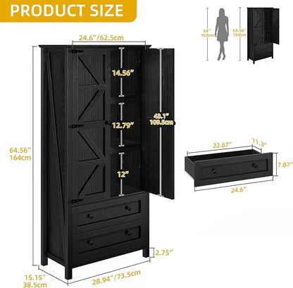 YITAHOME 64.5" Farmhouse Pantry Cabinet with 2 Drawers & Shelves, Oak Black | Tall Storage Cupboard for Living Room, Kitchen, and Hallway