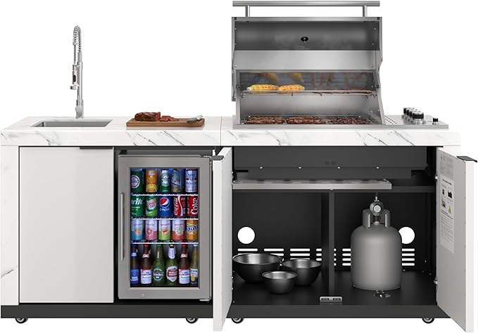 KoolMore Reserve 83 in. Outdoor Kitchen Suite with White Stone Counters and Sides, 4-Burner Grill, Stainless Steel Sink and Faucet