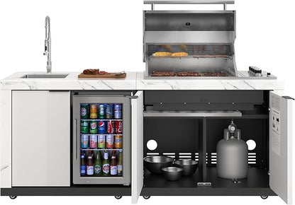 KoolMore Reserve 83 in. Outdoor Kitchen Suite with White Stone Counters and Sides, 4-Burner Grill, Stainless Steel Sink and Faucet