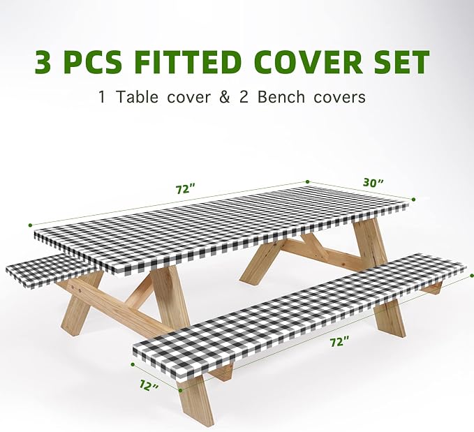 UMINEUX Picnic Table Cover with Bench Covers Fitted Table Clothes for 6 Foot Rectangle Tables Vinyl Flannel Backing with Elastic Edge -for Outdoor/Indoor Party&Dining(30x72 Inch,3-Pieces, Black Plaid)