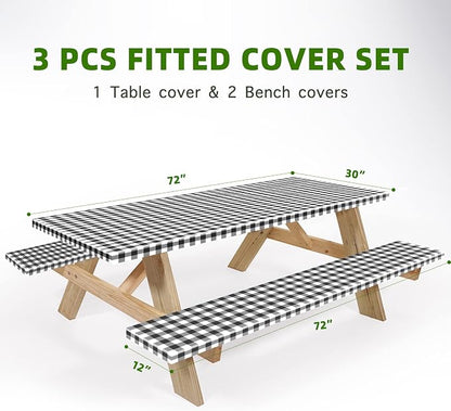 UMINEUX Picnic Table Cover with Bench Covers Fitted Table Clothes for 6 Foot Rectangle Tables Vinyl Flannel Backing with Elastic Edge -for Outdoor/Indoor Party&Dining(30x72 Inch,3-Pieces, Black Plaid)