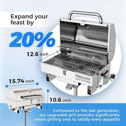 Halbtrocken 304 Stainless Steel Marine Gas Grill with Rod Holder Mount & Cover - 200 sq. in. Cooking Area, 12,000 BTU Propane Boat Grill - Perfect Compact Grill for Boating, Tailgating and Camping