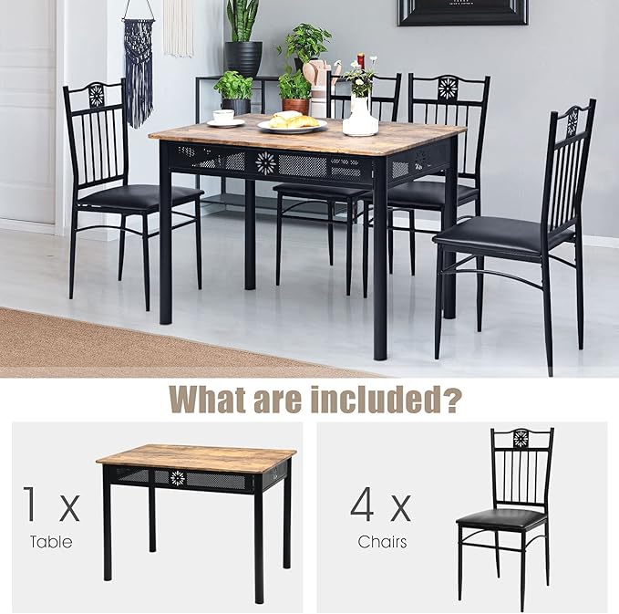 Tangkula 5 Pieces Dining Table and Chairs Set, Vintage Retro Wood Top Metal Frame Padded Seat Dining Table Set Home Kitchen Dining Room Furniture