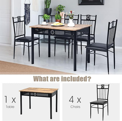 Tangkula 5 Pieces Dining Table and Chairs Set, Vintage Retro Wood Top Metal Frame Padded Seat Dining Table Set Home Kitchen Dining Room Furniture