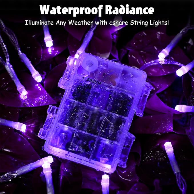 cshare String Lights Outdoor Waterproof 9.8ft 30 LED, Purple Fairy Lights Battery Operated with Timer Clear Wire for Indoor & Outdoor Christmas Halloween Decorations Garland Party Garden 2 Packs
