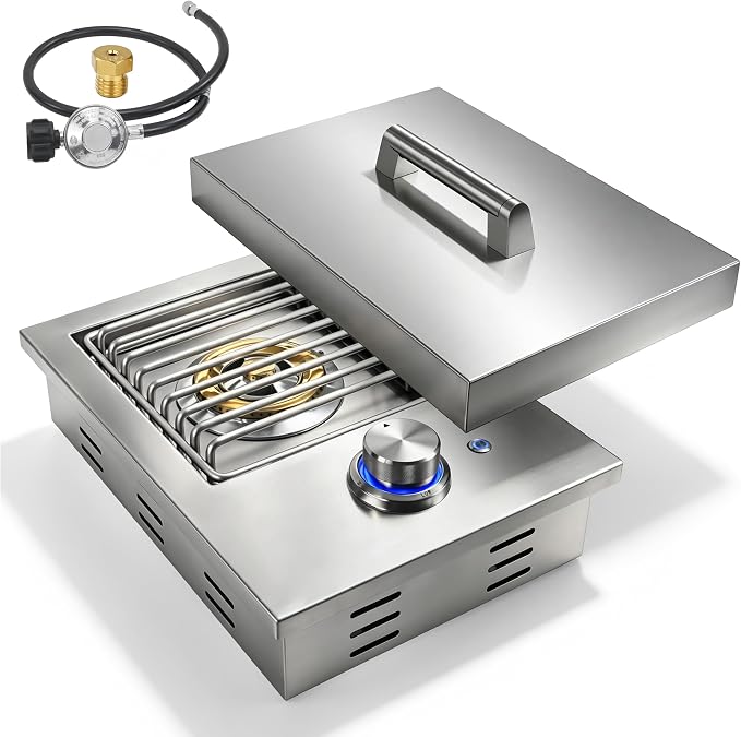 Built-In Single Side Burner for Outdoor Grill with Cover, LED Control Knob | Heavy-Duty 304 Stainless Steel Drop-In Side Burner, 17,500 BTU Propane & Natural Gas Burner for BBQ Island Outdoor Kitchen