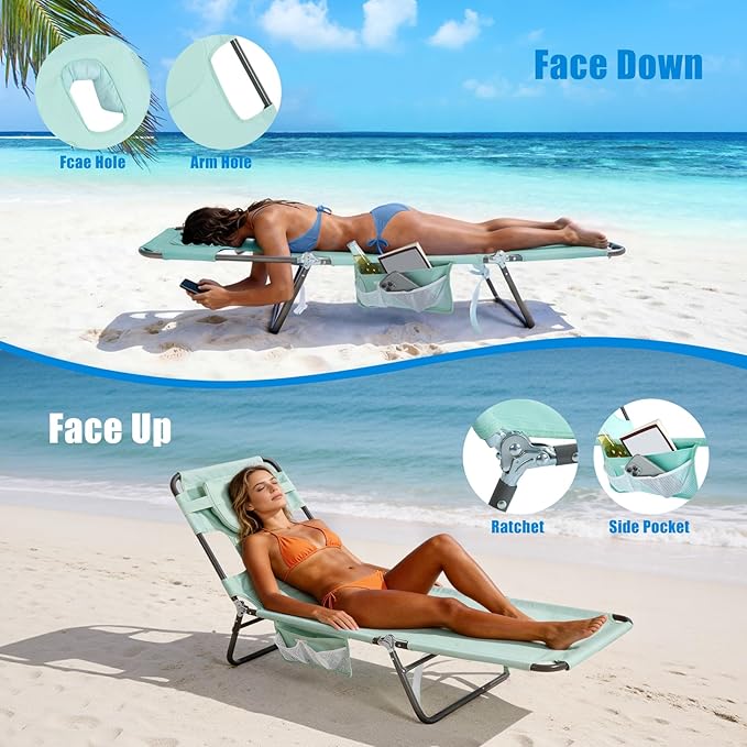 SUNNYFEEL Lay Flat Tanning Chair with Face Down Hole & Arm Slots, Backpack Beach Lounge Chair, 5-Position Folding Sunbathing Chair, 300 LBS Heavy Duty, 72" L x 22" W for Beach, Pool, Camping