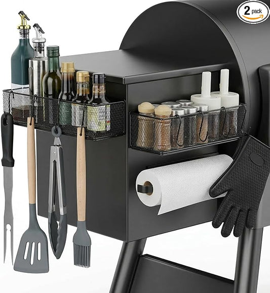 2 Pack Magnetic Storage Bins with Paper Towel Holder for Traeger Holder Accessories Outdoor Grill for Traeger Compatible with Ironwood 650/885, PRO 575/780/34/22, Pit boss, Z-Grills