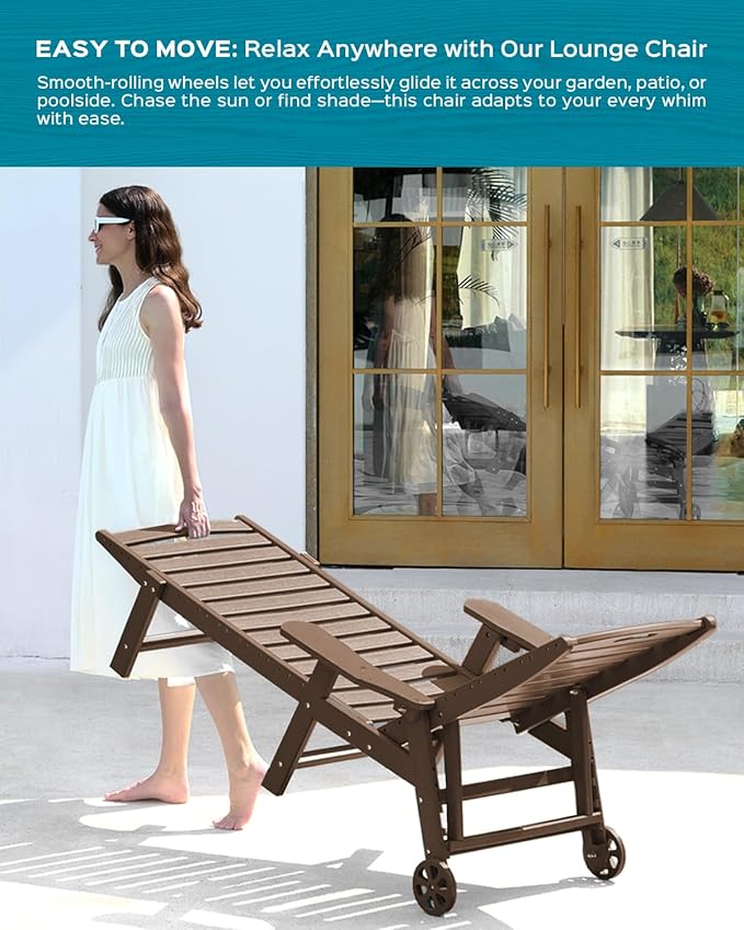 Ciokea Lounge Chair Outdoor, Oversized Chaise Lounge Chair with 5 Positions, HDPE, Patio Lounge Chair with Wheels & Cup Holder for Pool, Deck, Poolside, Dark Brown