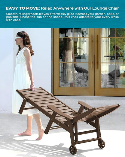 Ciokea Lounge Chair Outdoor, Oversized Chaise Lounge Chair with 5 Positions, HDPE, Patio Lounge Chair with Wheels & Cup Holder for Pool, Deck, Poolside, Dark Brown