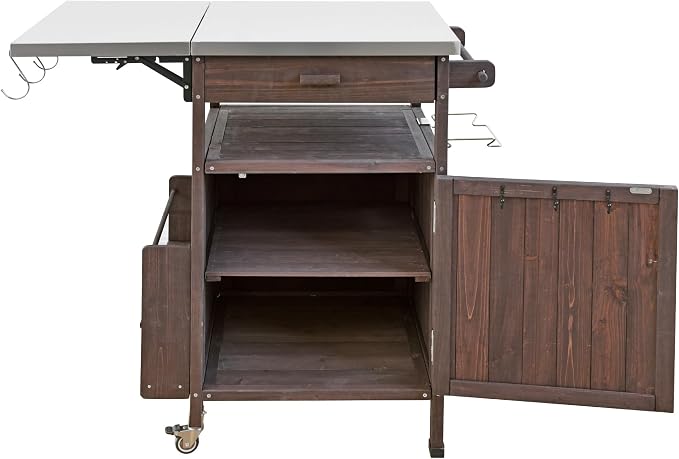 YOPTO 40.5" Outdoor Grill Cart,100% Fir Wood,Stainless Steel Top,Drop Leaf,Lockable Wheels,Towel Rack,Drawer,Rolling Kitchen Cart for Lawn & Garden,Brown