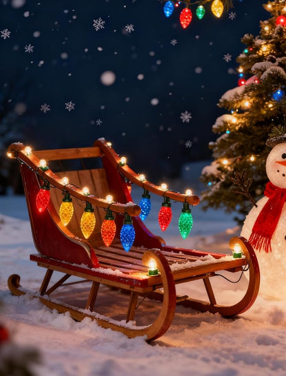 C9 Christmas Lights Outdoor, 26FT 50 LED Vintage Multicolor Plug in Fairy String Lights Waterproof, Connectable Christmas Tree Lights for Outside, House, Roofline, Yard, Garden Decor, Green Wire