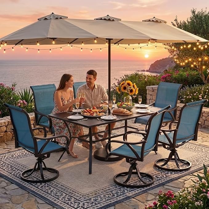 DWVO Swivel Patio Chairs Set of 8, Blue Outdoor Swivel Chairs with High Back Support, 360° Rotation Swivel Rocking Chairs for Porch Garden, Heavy Duty Patio Swivel Rockers, 330LBS Capacity