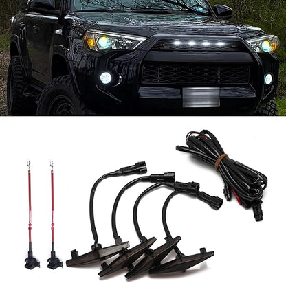 x xotic tech 4pcs Smoked LED Front Grille Marker Light w/Wiring Harness Compatible with Toyota 4Runner TRD TRO Pro Grille, Including SR5, TRD Off-Road, Limited (White)