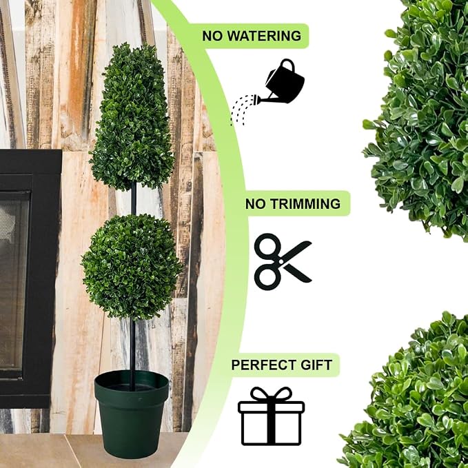 Admired by Nature 38" Artificial Ball-Shaped Topiary Tree - for Home Decor, Offices, Front Porches, Indoor & Outdoor Faux Trees with Green Pot - Set of 2, Green