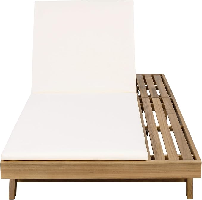 Christopher Knight Home Dami Patio Chaise Lounge Chair Outdoor with 2-Thick Cushion, Acacia Wood Poolside Sun Lounger, Space Available On One Side, Adjustable Backrest Pool Lounger, Light Brown+Cream