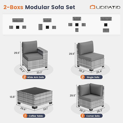 UDPATIO Patio Furniture Set, 8 Inch Armrest Outdoor Sectional Sofa, 6 Piece Wicker Outdoor Furniture Conversation Sets with Waterproof Cover and Coffee Table for Backyard Deck(Grey/Dark Grey)