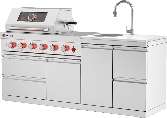 SERA C 4-Burner Natural Gas Modular Outdoor Kitchen Compact Patio | 75,300 BTU, side burner for sauces, pull-out faucet sink, 304 stainless steel, locking caster, compact patio balcony backyard