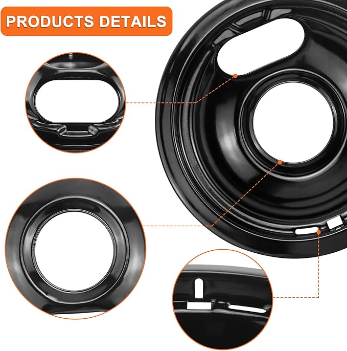 Stove Burner Covers W10288051 Burner Drip Pans -2 Packs 6” W10290353 Black Porcelain Burner Pans and 8" W10290350 Stove Top Covers for Electric Stove by Sikawai