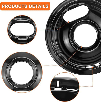 Stove Burner Covers W10288051 Burner Drip Pans -2 Packs 6” W10290353 Black Porcelain Burner Pans and 8" W10290350 Stove Top Covers for Electric Stove by Sikawai
