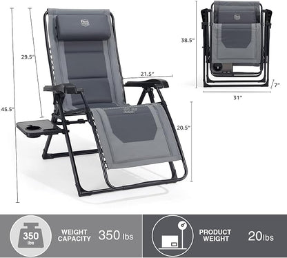 Timber Ridge Zero Gravity Chair, Oversized Lawn Chairs Outdoor Recliner Reclining Patio Lounge Chair with Adjustable Headrest and Side Table for Camping, Outdoor, Patio, Support 350lbs, Grey