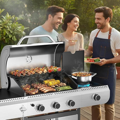3-Burner Propane Gas Grill with Side Burner, 34,000 BTU Stainless Steel BBQ Grill – Heavy-Duty Porcelain-Enameled Grates for Patio and Outdoor Cooking