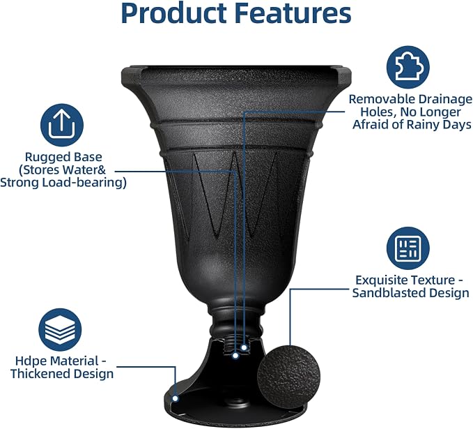 24" Tall Urn Planters for Outdoor Plants, Urns and Pedestal, Black | Resin HDPE Weather-Resistant Material, Vintage Trophy Design Outdoor Planters with Drainage Holes, Flower Pot/Vase/Porch Door