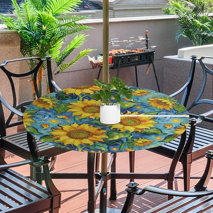Oil Painting Sunflower Outdoor Round Fitted Tablecloth with Umbrella Hole and Zipper, 45"-56" Elastic Patio Table Cloth Oil-Proof Waterproof Patio Table Cover for Picnic Party Camping