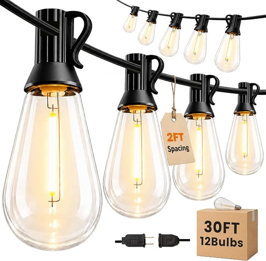 Outdoor String Lights 30FT(24+6) Waterproof, 12 LED S14 Shatterproof Edison Bulbs, 2FT Spacing, Extension Cord, Connectable Plug in Hanging Patio Lights for Outside, Backyard, Warm White