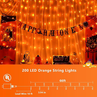 YEGUO 66ft 200 LED Orange Halloween String Lights, Clear Wire Christmas String Lights Indoor, 8 Modes Twinkle Tree Lights Plug in with Timer Memory.