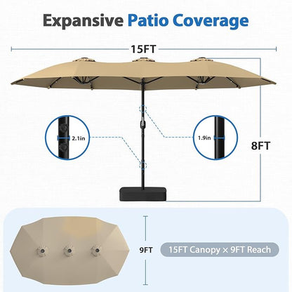 HOPERAN 15FT Patio Umbrella with Base Included, Large Outdoor Double-Sided Rectangle Table Umbrella with Easy Crank Lift, Market Umbrella for Backyard, Pool&Garden
