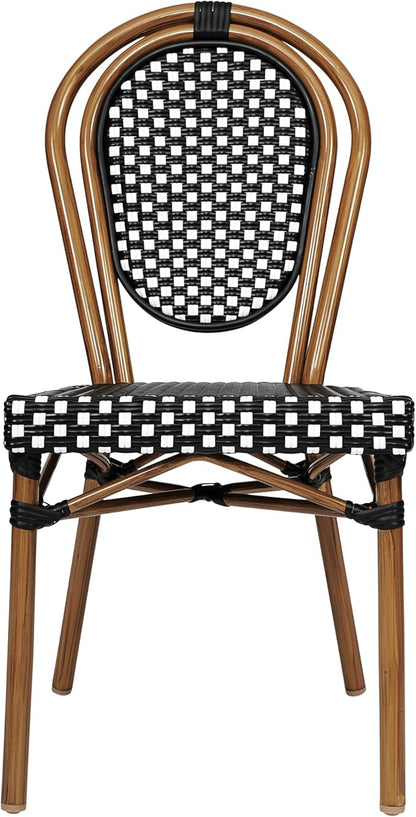 Flash Furniture Lourdes Indoor/Outdoor Commercial Thonet Bistro Stack Chair - Black/White PE Rattan Back and Seat - Natural Bamboo Print Metal Frame