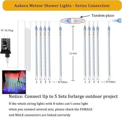Aukora Meteor Shower Lights UL Certified Outdoor Christmas Lights 12inch 8 Tubes 192 LED Snow Falling Icicle Cascading Light for Xmas Tree Decoration Halloween Wedding Party Holiday Yard, Multicolor