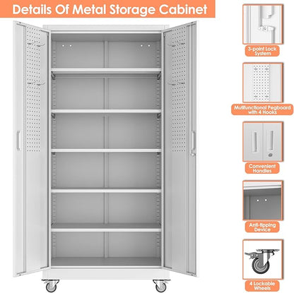 Aobabo Metal Storage Cabinet with Wheels, Steel Locking Cabinet with Pegboard Doors, Garage Cabinet for Office Pantry, 5 Adjustable Shelves, 16" D x 32" W x 71" H,Required-Assembly,White