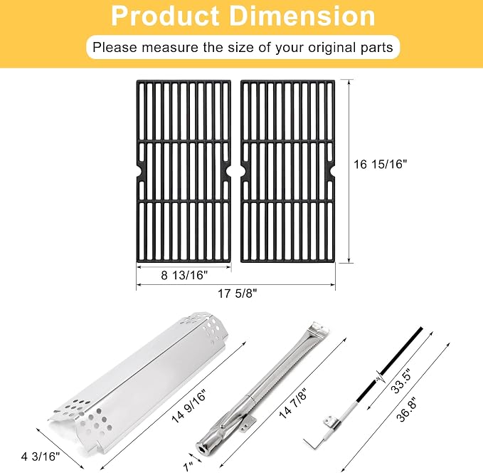 Grill Replacement Parts for Nexgrill 2 Burner 720-0864, 720-0864M, Cast Iron Grill Grates, Heat Plates, Burners and Igniters Kit for Nexgrill Parts 2 Burner