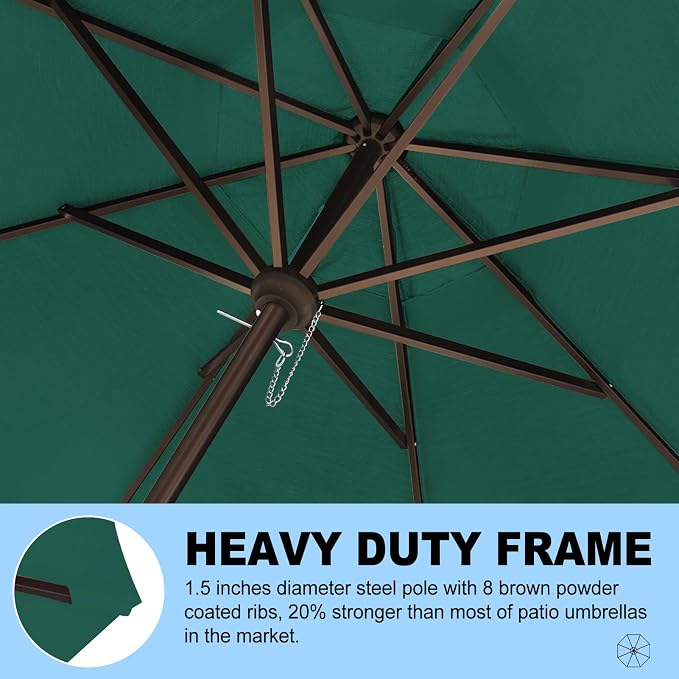 Eurmax USA 10-Year-Non-Fading 10FT Outdoor Patio Market Umbrella,UPF50+ UV Resistant Sun Shade,Heavy Duty Commercial Grade,Crank Lift Design,Windproof Vented Top for Garden,Pool,Deck,Forest Green