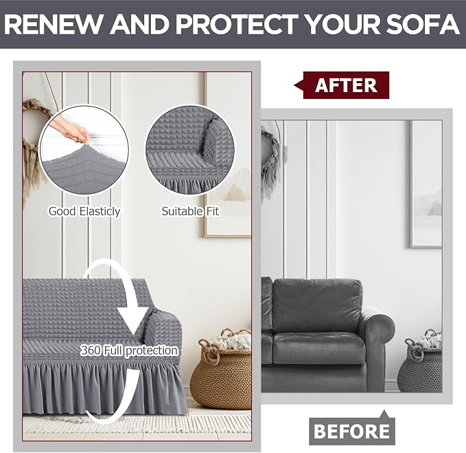 Fanfanwin 3 Pcs Sofa Slipcover Set for Couch Cushion Durable Washable High Elastic Stretchable Furniture Couch Covers with Skirt for Sofa Loveseat Arm Chair(Light Gray,Seersucker)