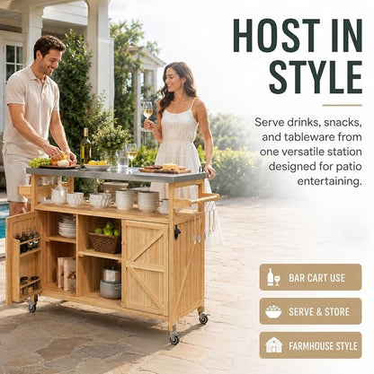 Outdoor Kitchen Island, 50.25" Rolling Grill Table with Storage Cabinet, 201 Stainless Steel Top Outdoor Bar Cart, Solid Fir Wood BBQ Prep Station with Adjustable Shelves, Spice Rack (Natural)