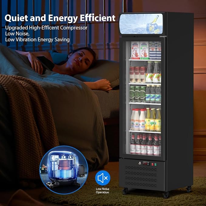13.4 Cu.Ft Commercial Display Refrigerator,Glass Door Beverage Cooler with Adjustable Shelves,LED Lighting & Advertising Panel, Mobile Design