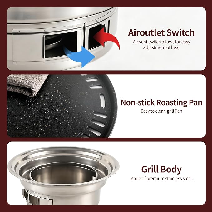 Mini Charcoal Grill 13.4" Stainless Portable BBQ Smoker Set for Camping | Compact for patio, park, travel, non-stick pan, mesh racks, cool-touch handle, tongs & coal clip set, lightweight travel