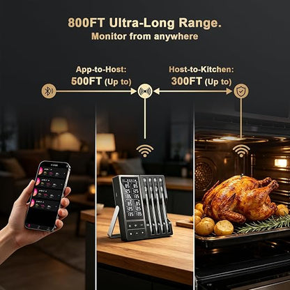 Wireless Meat Thermometer Digital - 800FT Bluetooth Food Thermometer for Cooking, NIST Certified Accuracy, Instant Read Thermometer Standalone Base for Grill BBQ Oven Smoker (Black)