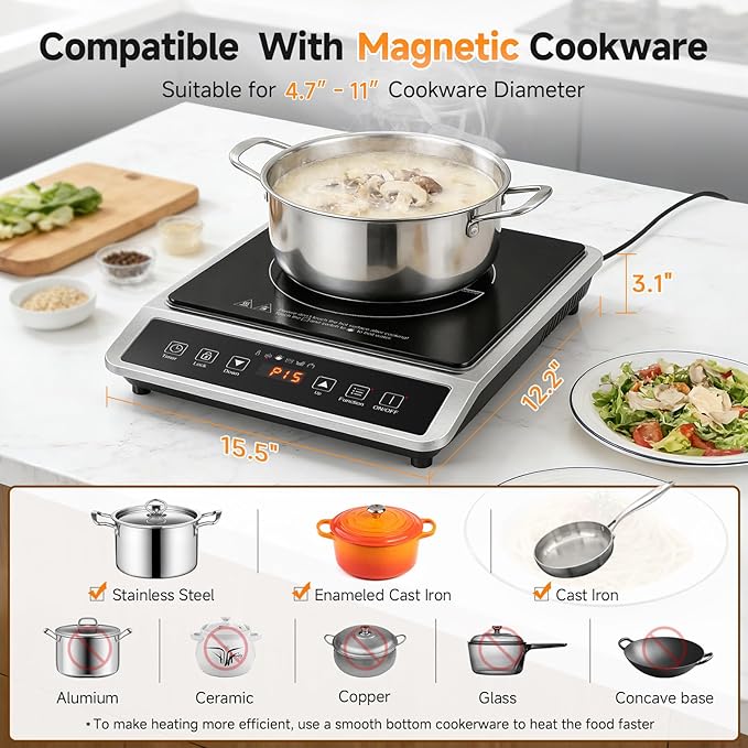 AMZCHEF 1800W Induction Cooktop Commercial: Large 8" Heating Coil Induction Burner with 20 Power & Temperature Levels, Induction Hot Plate with 4 Smart Functions, Induction Stove for Home & Commercial