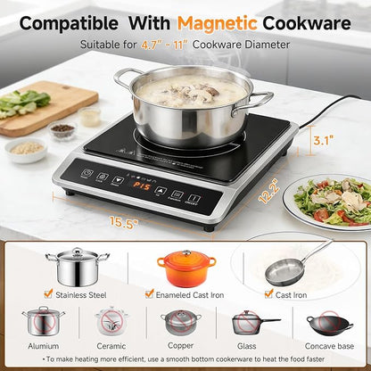 AMZCHEF 1800W Induction Cooktop Commercial: Large 8" Heating Coil Induction Burner with 20 Power & Temperature Levels, Induction Hot Plate with 4 Smart Functions, Induction Stove for Home & Commercial