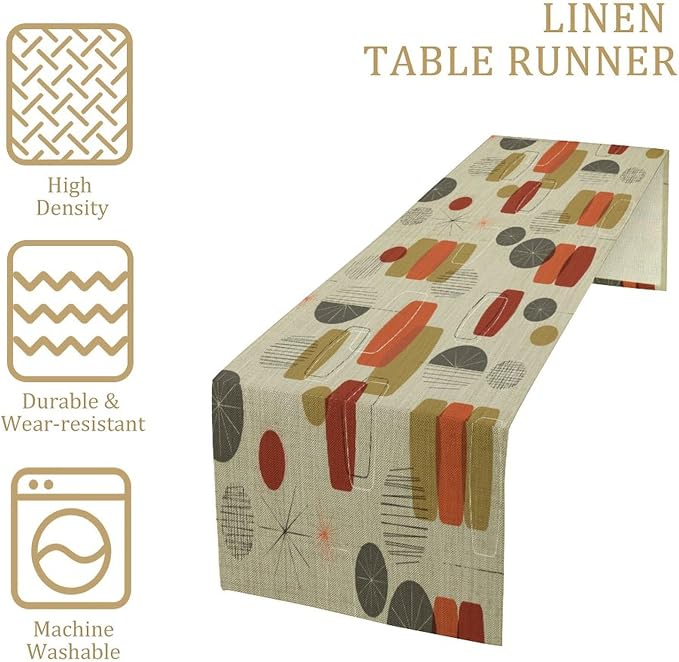 Retro Abstract Geometric Table Runner, Vintage Shapes Stars Mid Century Boho Retro Linen Textured Weave Dinner Runner for Home Kitchen Dining Table Decoration 13"x120"